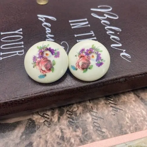 Vintage 1960s Red Blue Rose Floral Print Large West Germany Clip Boho Earrings White