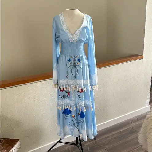 None Blue bohemian Tassle fringe Maxi Dress with birds