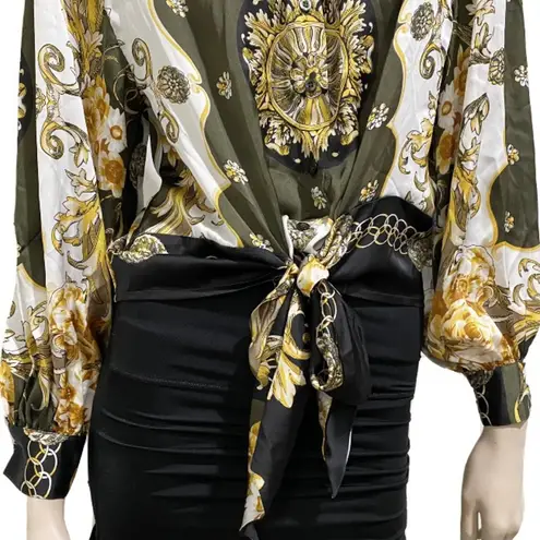 Soho NYC Green/Gold Scarf Print Front Tie Blouse S