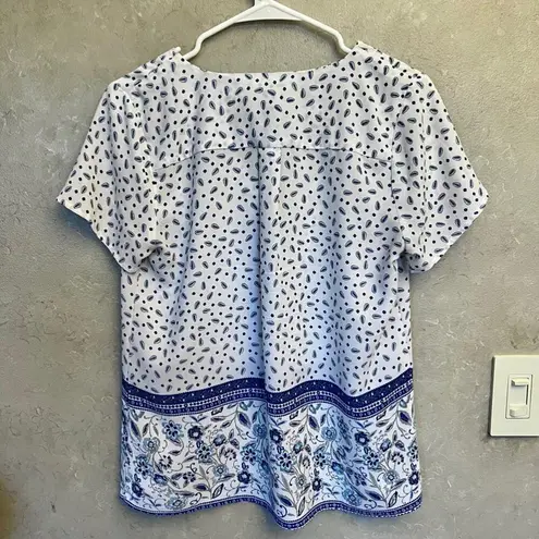 Skies Are Blue Womens Blue White Print Boho Flowy Lightweight Blouse Size XS