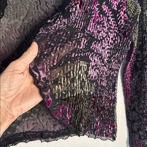 Burnout Velvet Crinkly Open Cardigan Sweater Dark Goth Purple Fall Winter Large