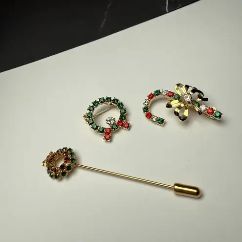 Rhinestone Christmas Holiday Lot Of 3 Brooch Pin Gold Tone Wreath / Candy Cane