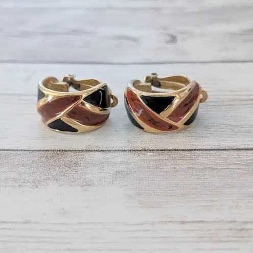Vintage Clip On Earrings Statement Retro Large Hoops Burgundy, Black Gold Tone