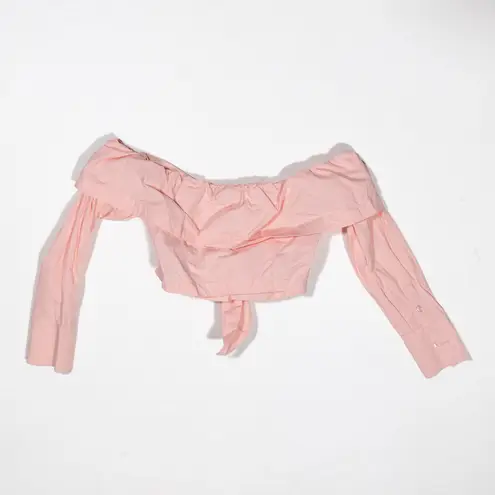 L'Academie Cotton Poplin Off Shoulder Button Front Twist Tie Knit Crop Blouse