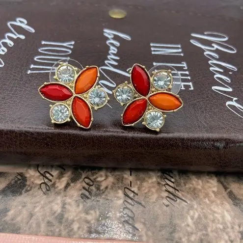 Vintage Red Orange Coral Floral Gold Tone Crystal Rhinestone Stud Earrings