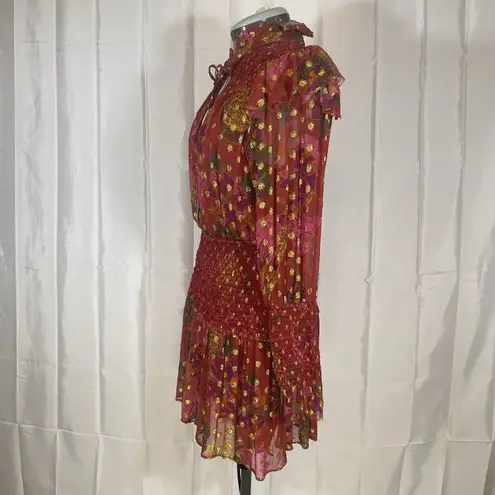 Farm Rio Banana Flower Polka Dot Red Mini Dress Small Maroon Gold Flirty NWT