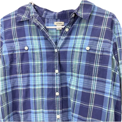 LL Bean Womens Blue Plaid Madras Cotton Button Up Shirt Size LARGE