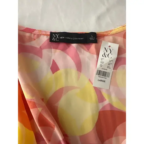 Ny&co NY&C Tie Front Blouse Top Large Pink Yellow Orange Geometric Print Long Sleeve