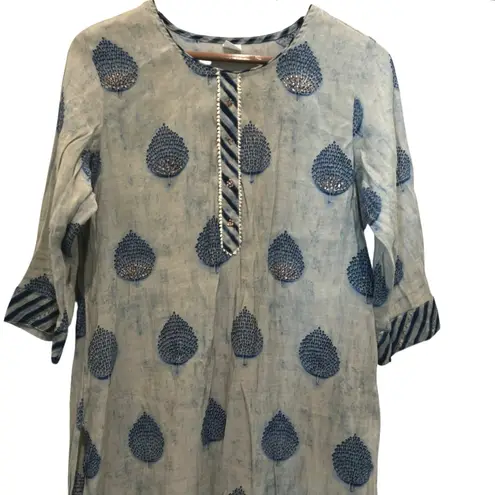 Women's 3/4 Sleeve Embellished Kurta Tunic Fits Up To Large Gray Blue Bead Boho