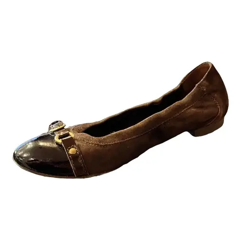AGL Ballet Flats Brown Monika Cap Toe Suede Patent Leather Shoes Buckle 36 EUC Size 5.5