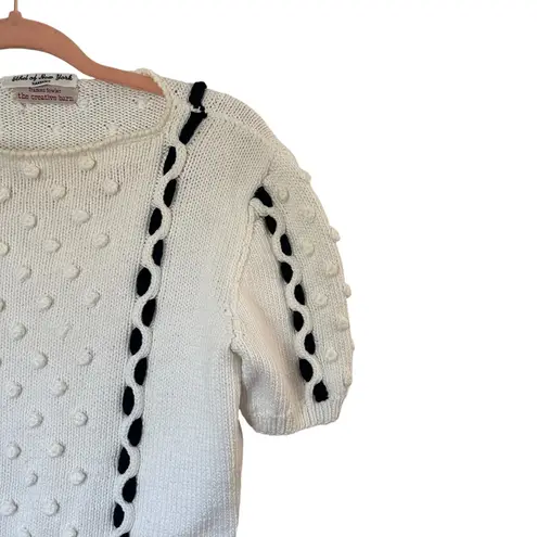 Vintage Hand Knit French Girl Preppy Coastal Short Sleeve Sweater With Pom Poms White