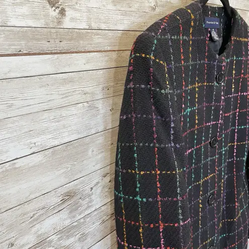 Preston & York Womens 10 Blazer Tweed Black & Pastel Plaid Button Up Wool Blend