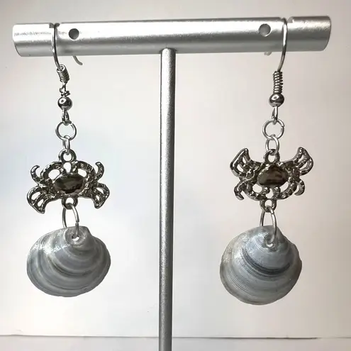 Handmade Dangle Earrings Genuine Handcrafted Seashell Crab Shades of Blue Gray Coastal