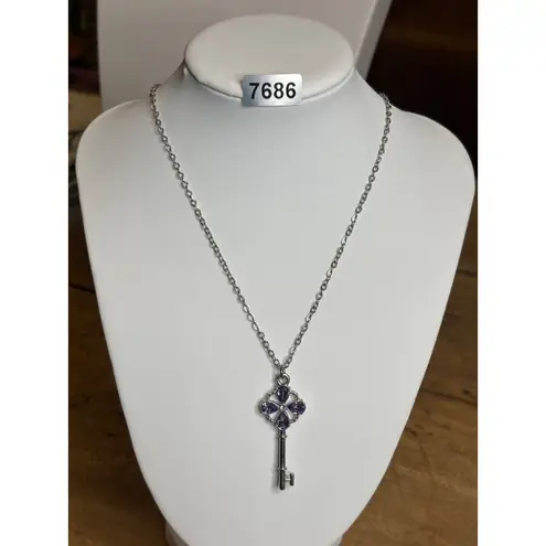 Silver Key Pendant Necklace With Purple Gemstone Accents & Chain