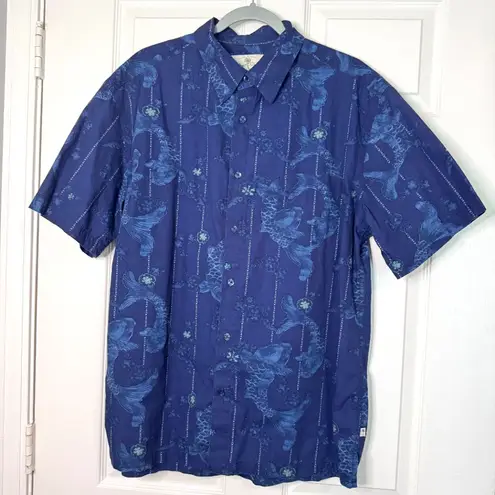 Island Shores Size L Short Sleeve Blue Hawaiian Men's Button-Up Shirt - Koi Fish & Flowers