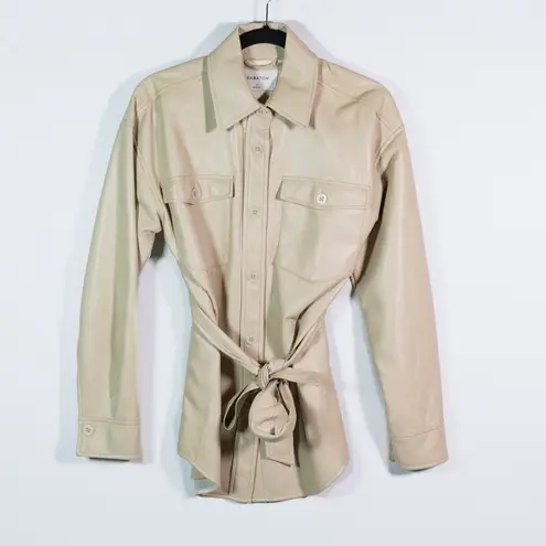 Babaton Aritzia Ava Faux Vegan Leather Collared Button Front Belted Jacket Beige