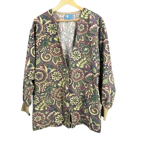 Vintage White Swan Floral Scrub Jacket Cardigan Women’s L Button Front Retro 90s Purple Size L