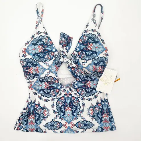 Becca Tankini Swim Naples Tie Front Bow Blue Paisley Floral Beach NWT Small