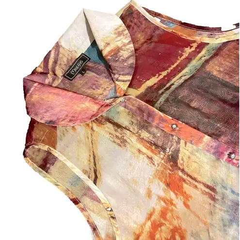 Minkas Mesh Sleeveless Tunic Top Women Large Artsy Boho Abstract Festival Retro Red