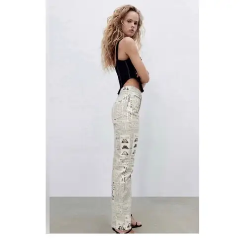 ZARA  Newspaper Print Straight Leg Jeans Raw Hem Viral Influencer Size 8