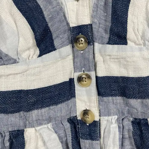 Point Sur J Crew Blue Striped Linen Front Button Blue Summer Midi Dress Size 4P