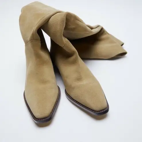 ZARA  LOW HEEL SPLIT LEATHER HIGH SHAFT BOOTS