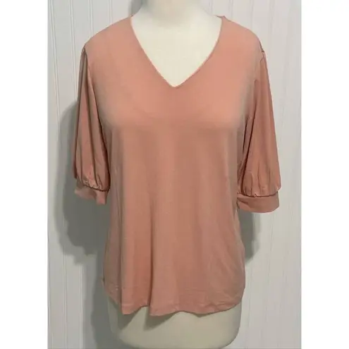 JM Collection Puff Sleeves Tee Shirt Top V-Neck Stretchy Pink Sunstone Small