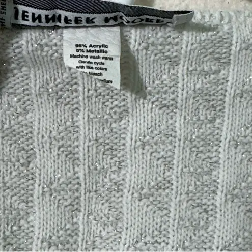 Jennifer Moore VTG White Henley Crew Neck Sweater Silver Metallic Tinsel Large