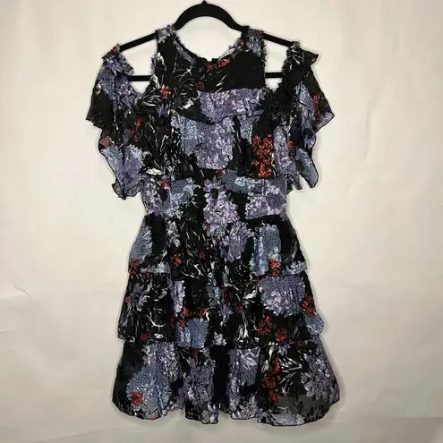 Alice + Olivia  Size 10 Nichola Black Blue Red Cold Shoulder Ruffled Floral Dress