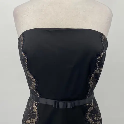 Tadashi Shoji Vintage 90s Tadashi Strapless Mini Sheath Dress Lace Side Panels Satin Black 10