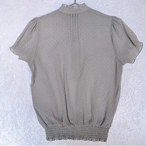 Gray Sheer Swiss Dot Blouse Jabot Neckline Smocked Waist Lace Trim Pleated Crepe Size L