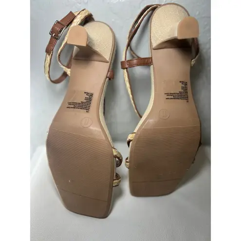 A New Day  Women's Ankle Strap Kitten Heeled Sandals Square Toe Braided Tan Beige