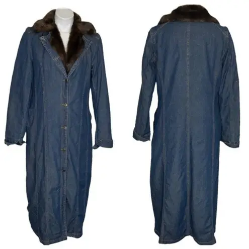 Newport News Denim Blue Jean Coat Brown Faux Fur Trim Quilted Lining Size 10 VTG