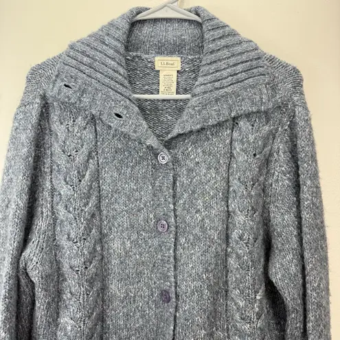 LL Bean Blue Gray Cable Marled Collar Button Wool Blend Cardigan Sweater MEDIUM