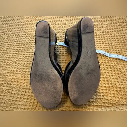 Black Patent Leather Faux Wood Grain Peep Toe SZ.8. High heel Wedge 5" Italian