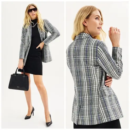 Nine West Plus NWT Size 4X Blue Multi Plaid Single Button Longline Blazer