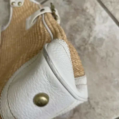 Rafe Woven Straw Hobo Bag White Leather Trim Studded Accents Cute Chic Purse Tan