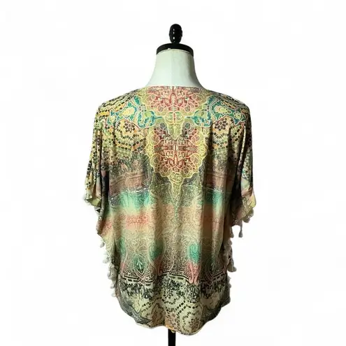 One World Tunic Top 1X Beige Multicolor Boho Hippie Paisley Print