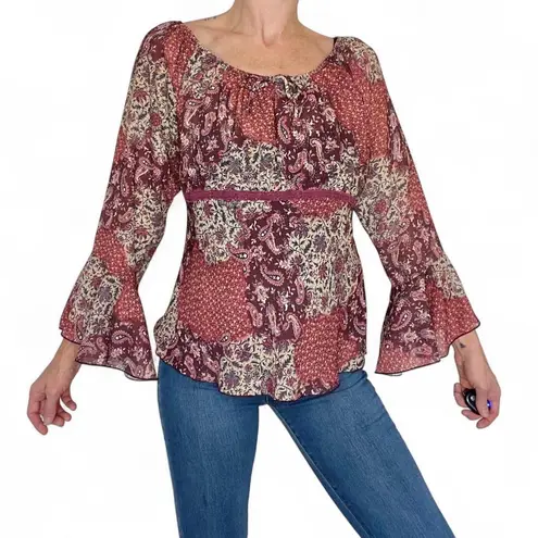 Studio Y Vintage Y2K Red Burgundy Paisley Bohemian Flare Sleeve Blouse