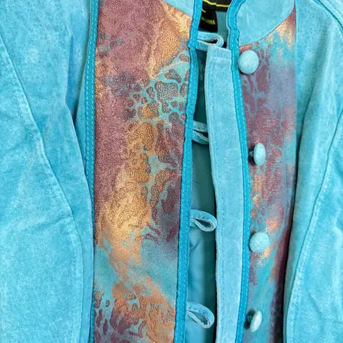Sharif Studio Suede Jacket Womens L Blue Button Up Animal Print Western NWOT Size L