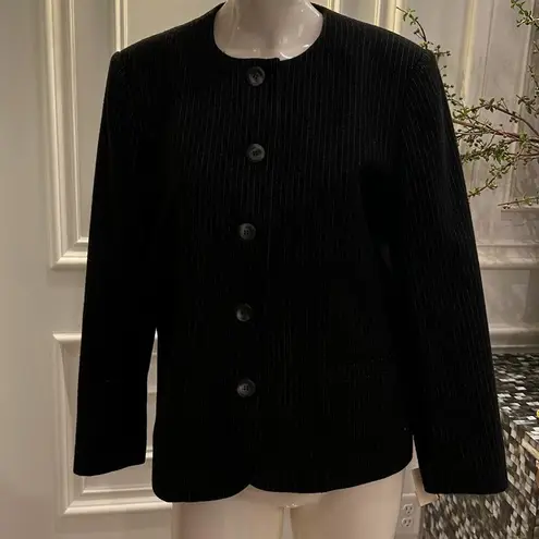 Neiman Marcus Sasson Black White Wool blend Pinstripe Blazer Jewel Neck