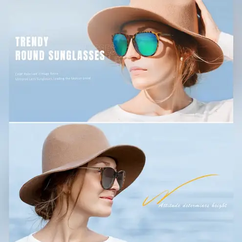 Mirrored Polarized Round Retro Sunglasses Women leopard Frame Green Lens Brown