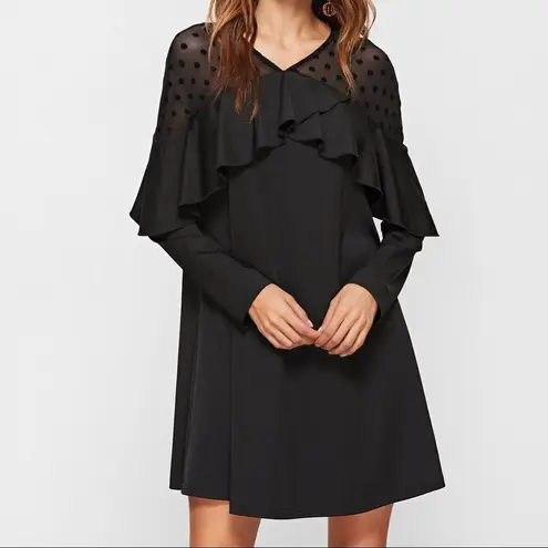 Black Polka Dot Mesh Neck Ruffle Trim A Line Dress Black Size M