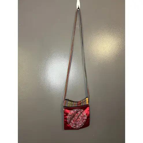 Embroidered Dragon Phoenix Crossbody Bag Womens Red Silk Boho Striped Cotton