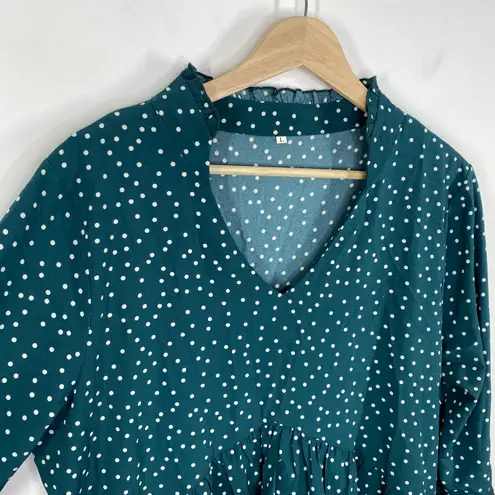 Green White Polka Dot Keyhole Mock Neck Ruffle Mini Dress Women's Size Large L
