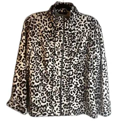 Lisa International Animal Print Zip Up Mock Neck Bold Statement Jacket Size XL White
