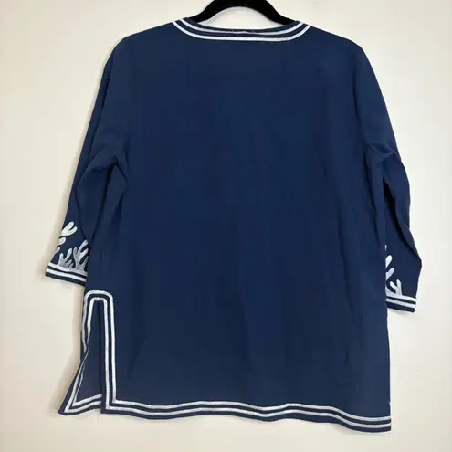 Elie Tahari Womens Tunic Top M/M Navy Blue Silver Embellished 3/4 Sleeve