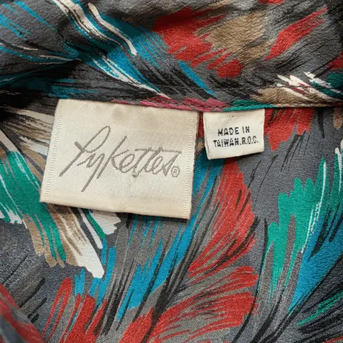 Vintage 90s Blouse Multicolor Feather Print Long Sleeve Collared Button Up Shirt Blue Size L