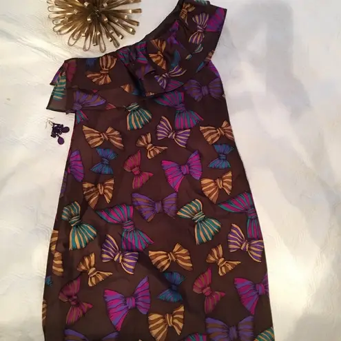 Britt Ryan Size 4 One Shoulder 100% Silk Brown Dress with Bows & Ruffle NWOT