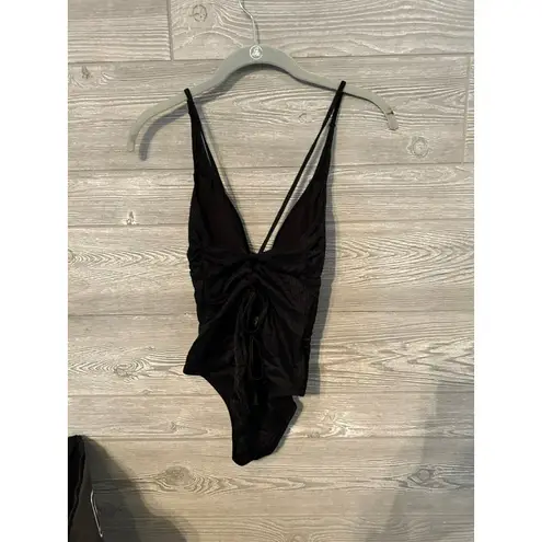 Tinibikini Womens One Piece Swimsuit Black Stretch Plunge Neck Lace Up Strap S - Image 3